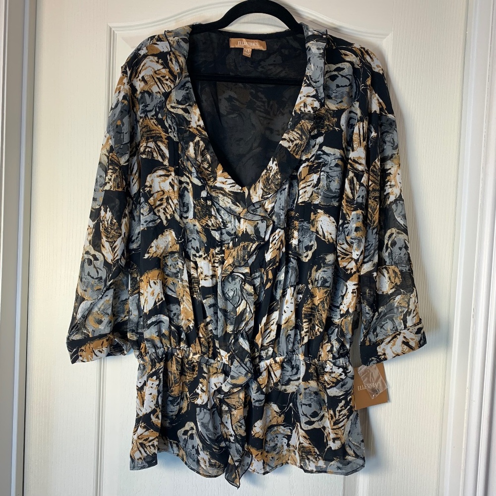 NWT Ellen Tracy Designer Blouse XL Elegant Sheer Ruffle Waist Neutral Luxe Top